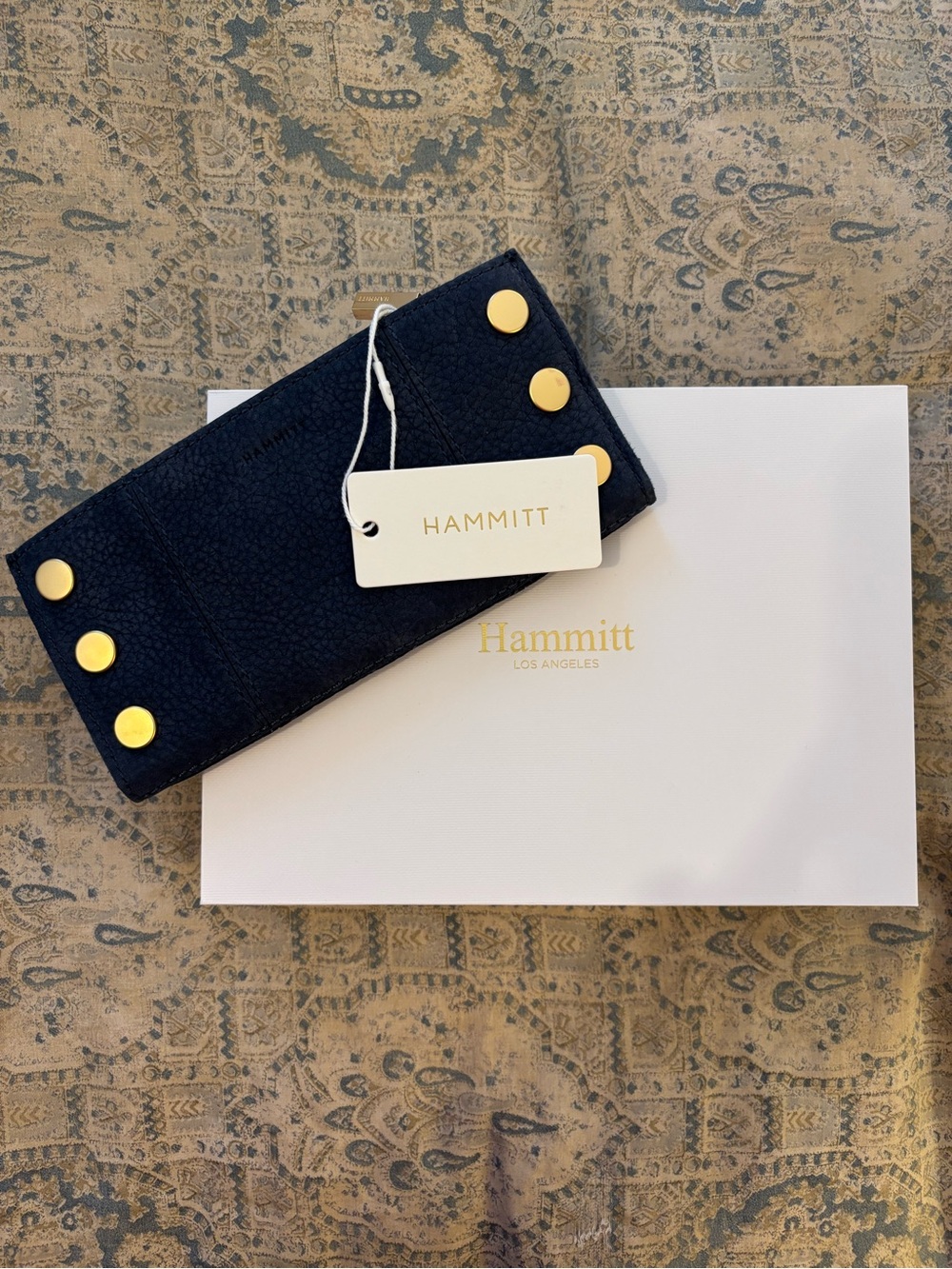 Hammitt 110 North Wallet Skies Nubuck Navy Brushed Gold NWT with Box